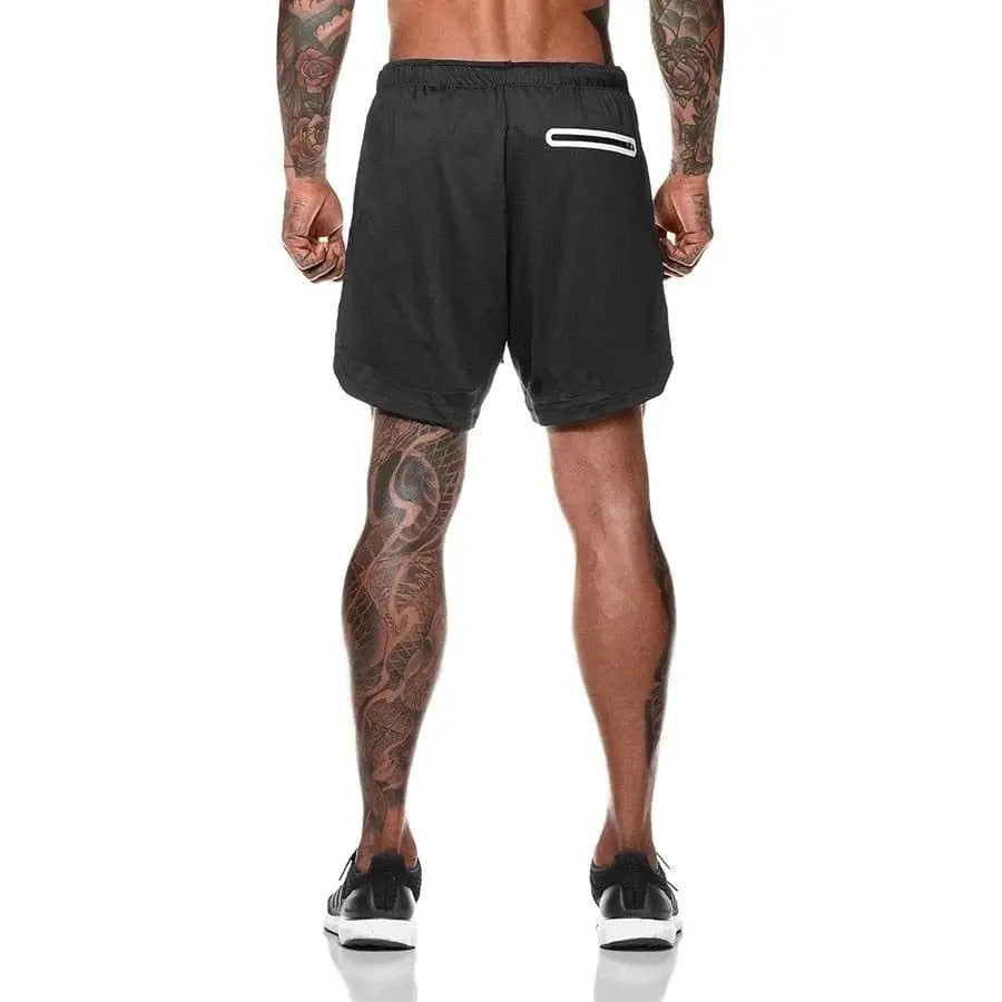 Men's 2-in-1 running shorts by Showlu Fashion with double deck design, gym and fitness training, suitable for jogging and beachwear.