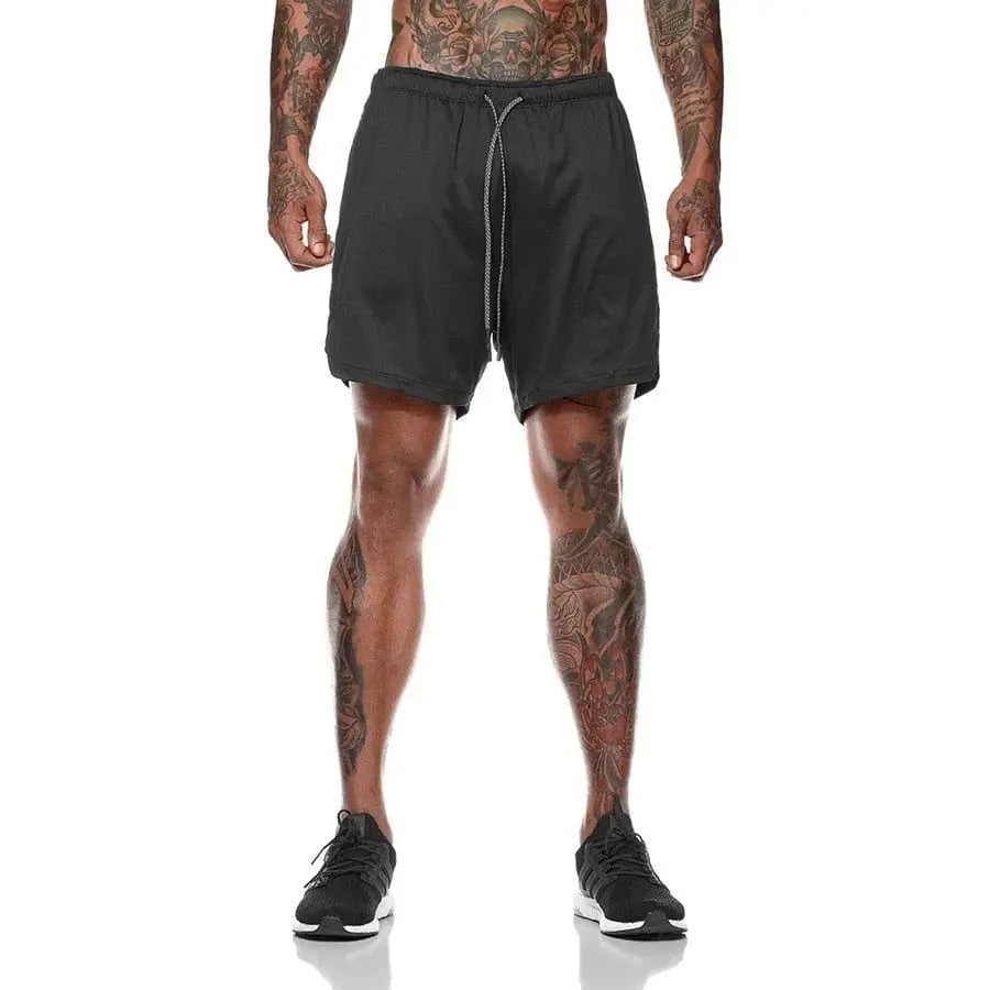 Men's 2-in-1 running shorts by Showlu Fashion with double-deck design, ideal for gym, jogging, and summer fitness activities.