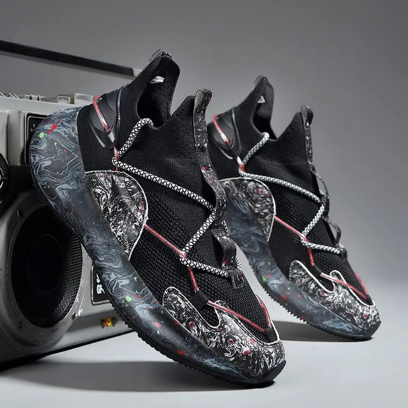 The 2022 Top Sale Fashion Sneaker features breathable mesh uppers, marbled-pattern soles, and reflective laces, shown leaning on a retro boombox against a gray background for a bold blend of classic and modern streetwear style.