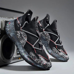 The 2022 Top Sale Fashion Sneaker features breathable mesh uppers, marbled-pattern soles, and reflective laces, shown leaning on a retro boombox against a gray background for a bold blend of classic and modern streetwear style.