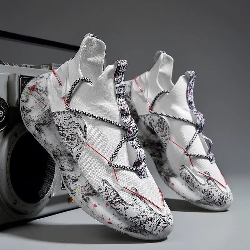 The 2022 Top Sale Fashion Sneaker features a breathable mesh texture, light TPU design, and recycled materials, with modern white and black-red-gray marbled accents, shown against a gray background next to a stereo.