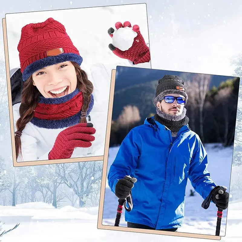 Showlu unisex winter beanie hat and scarf set with thick knitted cotton, wool neck scarf, and mask for men and women.