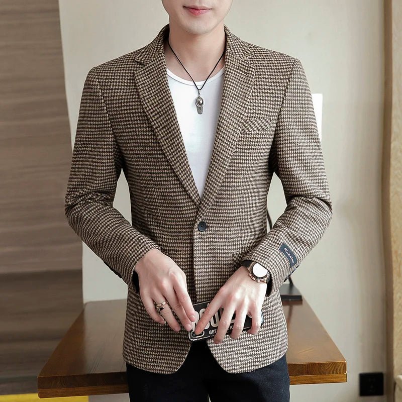 2022 Brand Men Blazer Personality Wild Men's Suit Jacket High Quality Fashion Plaid Print Slim Fit Warm Blazer Coat Male S - 3XL - SHOWLU FASHION STORE