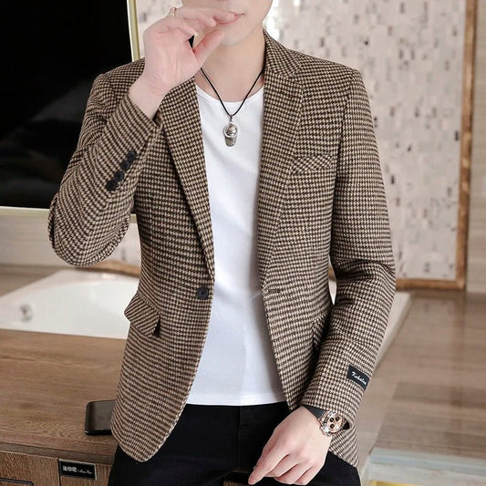 2022 Brand Men Blazer Personality Wild Men's Suit Jacket High Quality Fashion Plaid Print Slim Fit Warm Blazer Coat Male S - 3XL - SHOWLU FASHION STORE