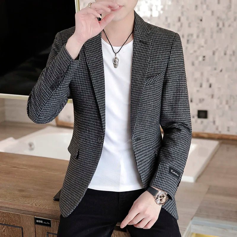 2022 Brand Men Blazer Personality Wild Men's Suit Jacket High Quality Fashion Plaid Print Slim Fit Warm Blazer Coat Male S - 3XL - SHOWLU FASHION STORE