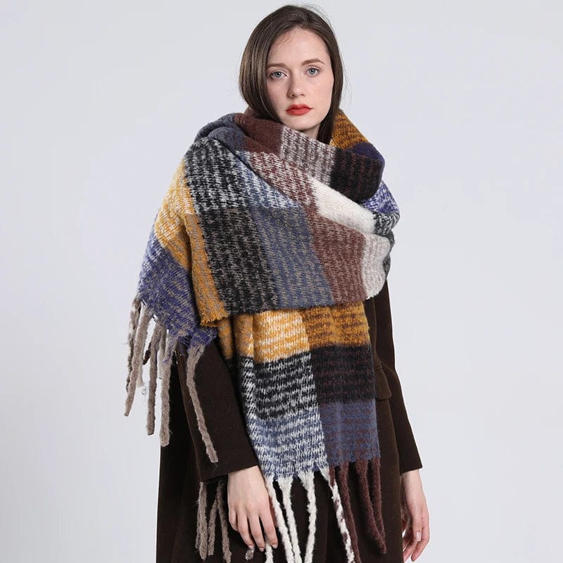 Luxury cashmere plaid scarf from Showlu Fashion Store, warm winter shawl with tassels, perfect for cozy winter styling.