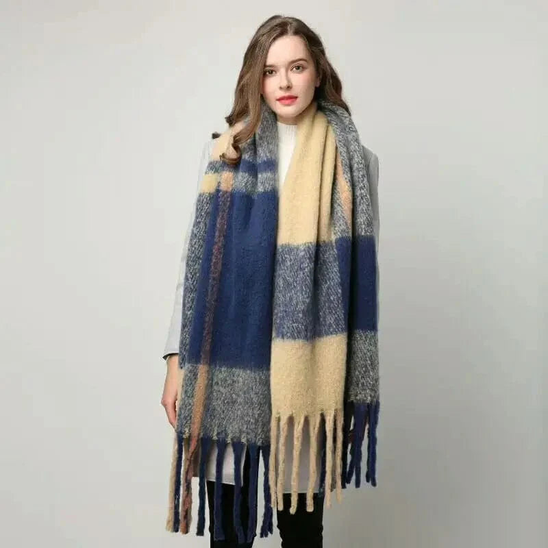 Luxury cashmere plaid scarf by Showlu Fashion Store, warm winter shawl with tassels, long wrap, and cozy pashmina design.