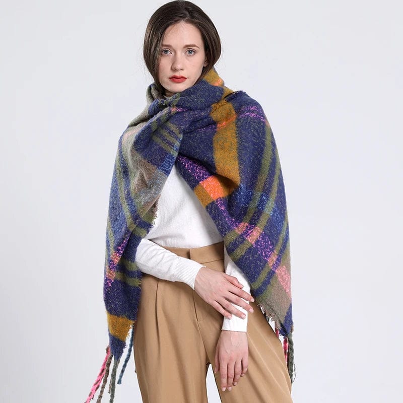 Luxury cashmere plaid scarf by Showlu Fashion Store, warm winter shawl with tassels, long pashmina wrap for women.