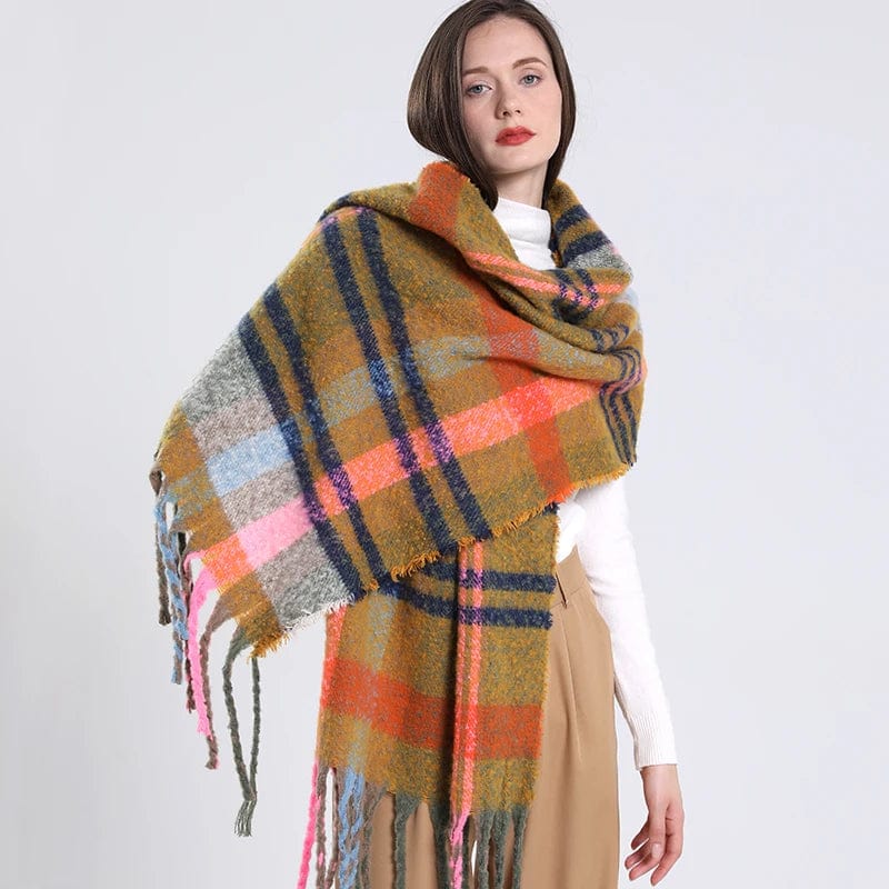 Luxury cashmere plaid scarf by Showlu Fashion Store, warm winter shawl with tassels, long wrap, and cozy blanket style.