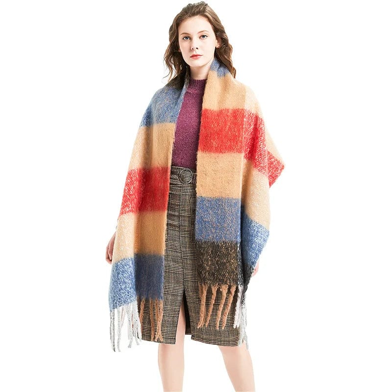Luxury cashmere plaid scarf by Showlu Fashion Store, warm winter shawl with tassels, perfect for stylish winter warmth and comfort.