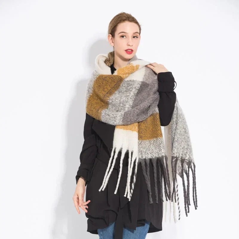 Luxury cashmere plaid scarf by Showlu Fashion Store, warm winter shawl with tassels, long wrap, and cozy pashmina style.