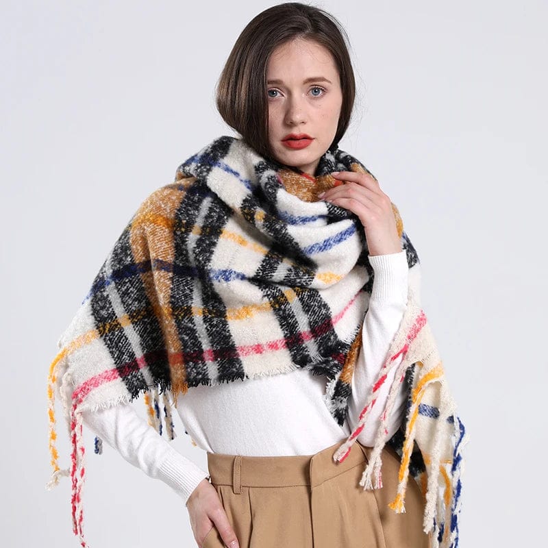 Luxury cashmere plaid scarf by Showlu Fashion Store, warm winter shawl with long tassels, cozy wrap, and elegant design.