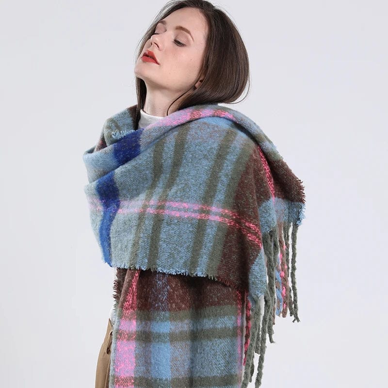 Showlu Fashion Women's plaid cashmere scarf, long winter shawl with tassels, warm wrap and blanket-style pashmina for women.