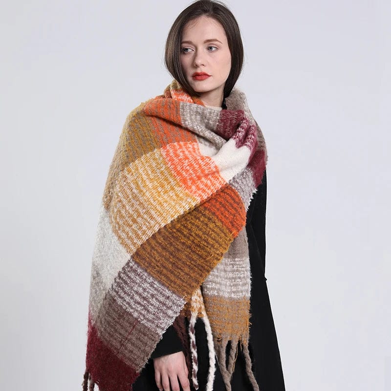 Luxury cashmere plaid scarf from Showlu Fashion, warm winter shawl with long tassels, ideal for cozy, stylish winter wear.