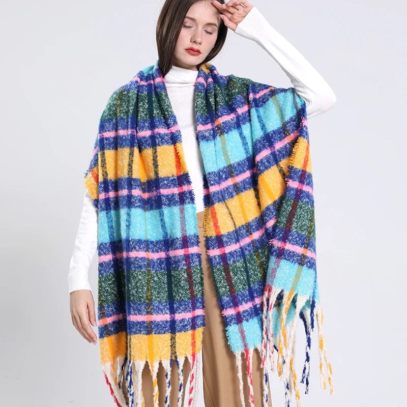 Luxury cashmere plaid scarf from Showlu Fashion Store, warm winter shawl with tassels, cozy wrap, and stylish pashmina design.