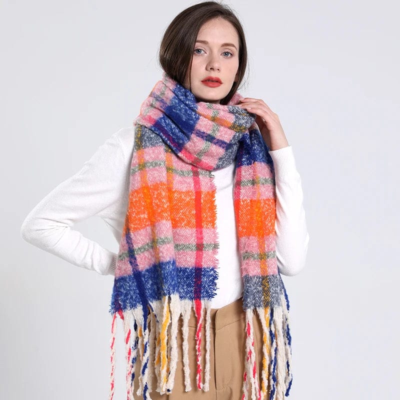 Luxury cashmere plaid scarf for women, warm winter shawl with tassels, ideal as a stylish wrap or blanket for cold weather.