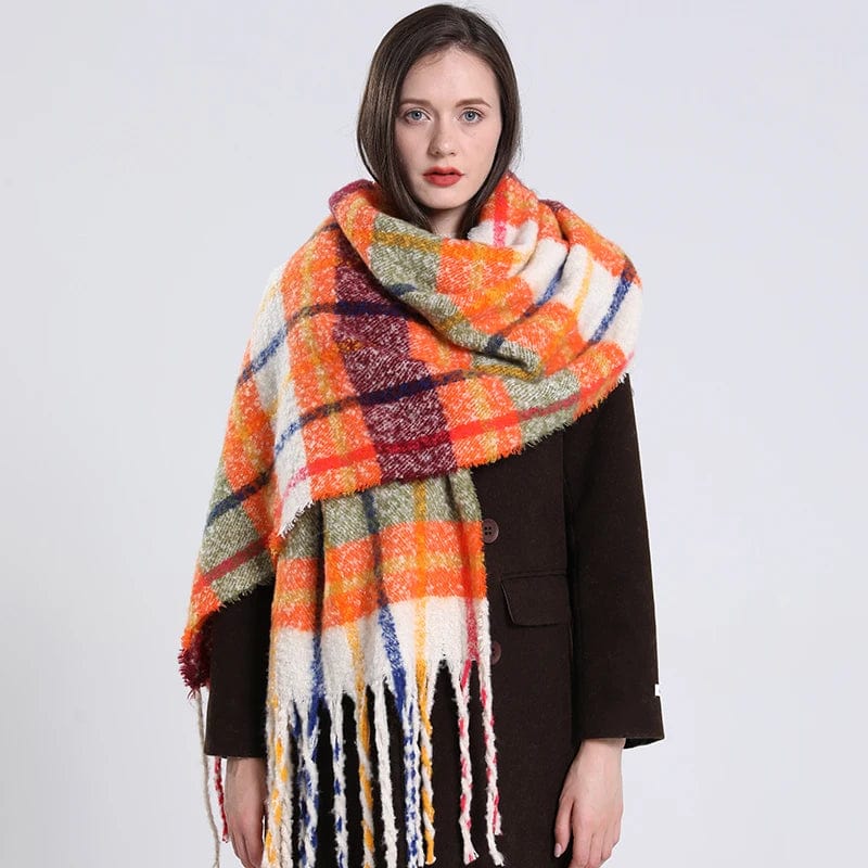 Luxury cashmere plaid scarf by Showlu Fashion Store, warm winter shawl with tassels, perfect for cozy winter wear and stylish wraps.