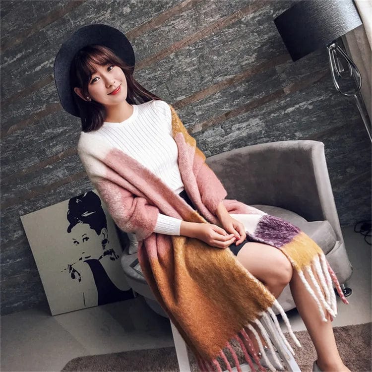 Luxury cashmere plaid scarf by Showlu Fashion Store, warm winter shawl with long tassels and cozy wrap for women.