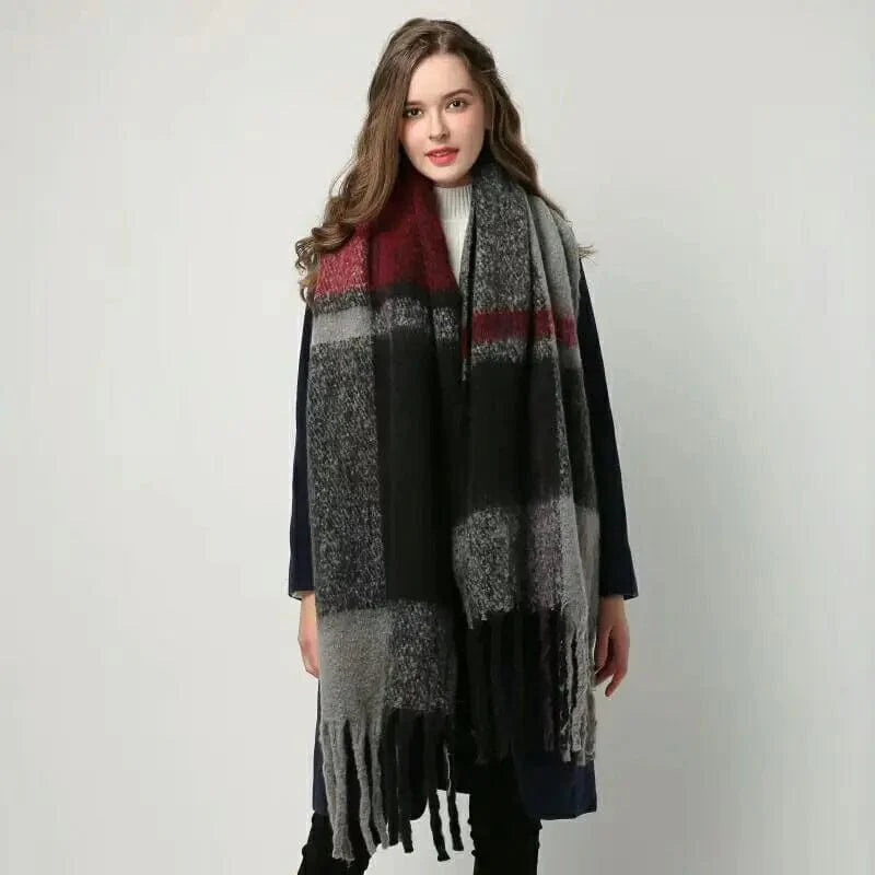 Luxury cashmere plaid scarf from Showlu Fashion Store, warm winter shawl with tassels, perfect for winter wraps and pashmina style.