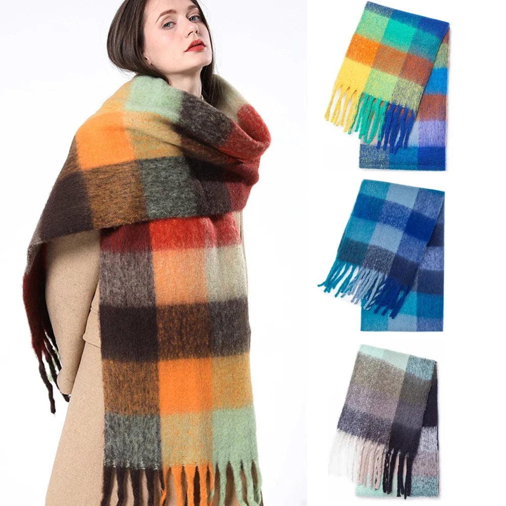 Luxury cashmere plaid scarf for women, warm winter shawl with tassels, versatile wrap, and cozy pashmina by Showlu Fashion Store.