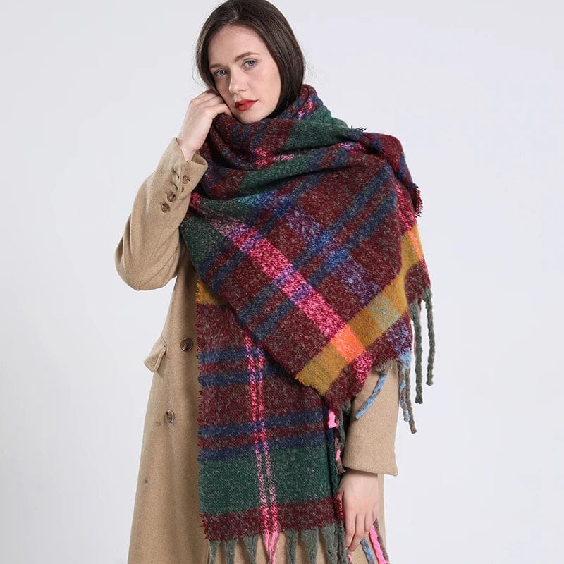 Luxury cashmere plaid scarf by Showlu Fashion Store, warm winter shawl with long tassels, cozy pashmina wrap for women.