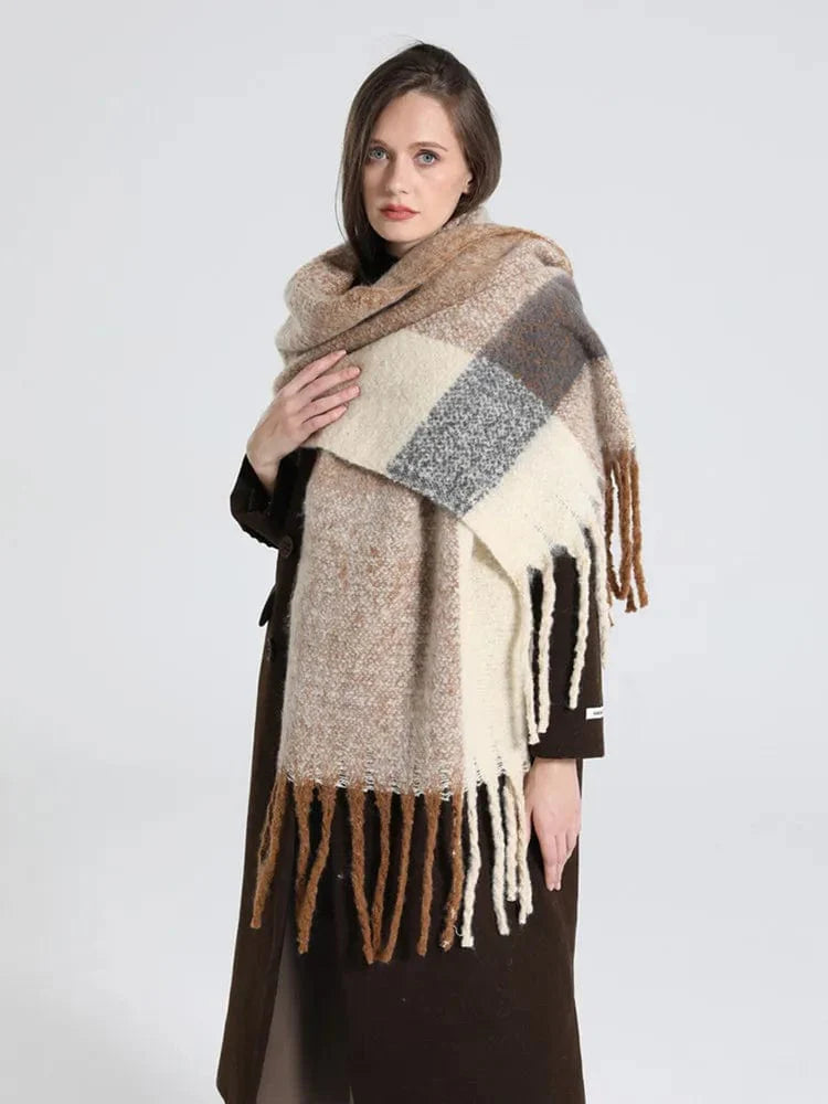 Luxury cashmere plaid scarf from Showlu Fashion Store, warm winter shawl with long tassels and cozy blanket-style design.