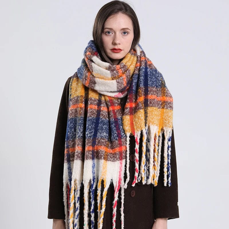 Luxury cashmere plaid scarf by Showlu Fashion Store, warm winter shawl with tassels, long wrap, and cozy pashmina blanket style.