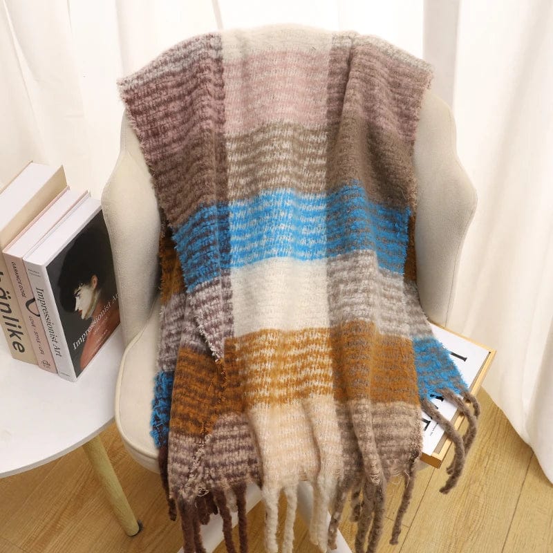 Luxury women's plaid cashmere scarf by Showlu Fashion Store, long winter shawl with tassels and cozy, warm wrap design.