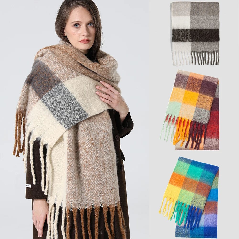 Luxury cashmere plaid scarf for women by Showlu Fashion, warm winter shawl with long tassels and cozy pashmina wrap.