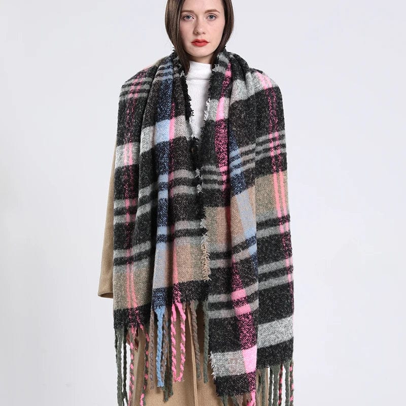 Luxury cashmere plaid scarf by Showlu Fashion Store, warm winter shawl with tassels, perfect for cozy, stylish winter wear.