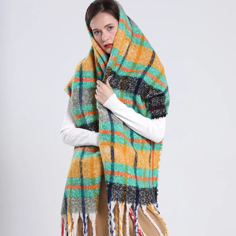 Luxury cashmere plaid scarf by Showlu Fashion, warm winter shawl with tassels, cozy wrap, and stylish pashmina for women.