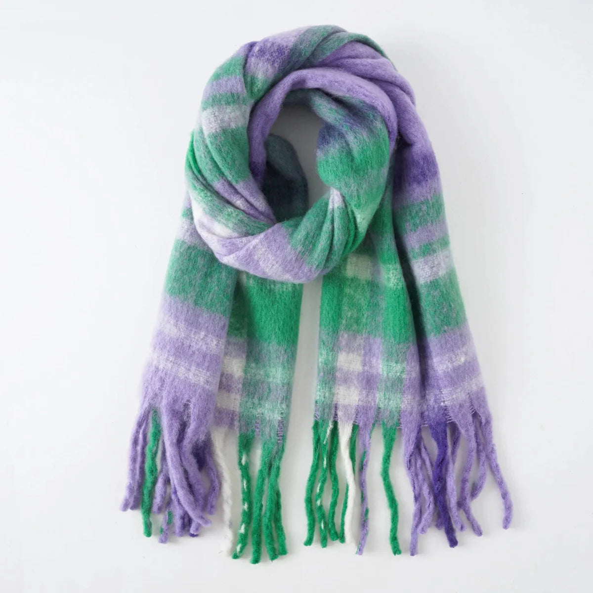 Luxury women's plaid cashmere scarf from Showlu Fashion Store, long winter shawl with tassels, warm and thick wrap for cold weather.