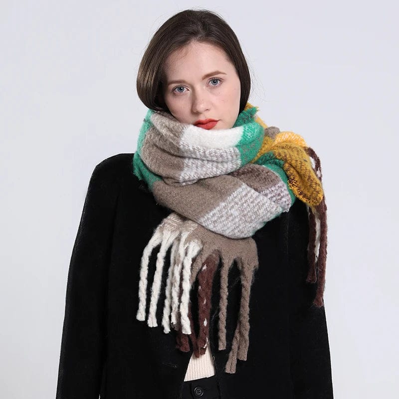 Luxury cashmere plaid scarf by Showlu Fashion Store, warm winter wrap with long tassels and cozy pashmina design.