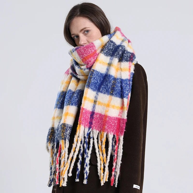 Luxury RUNMEIFA cashmere plaid scarf for women, warm winter shawl with tassels, cozy wrap, and stylish blanket wrap.