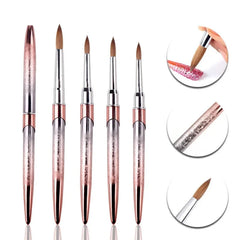 A set of professional Kolinsky sable acrylic nail brushes with gradient metal handles and lids.