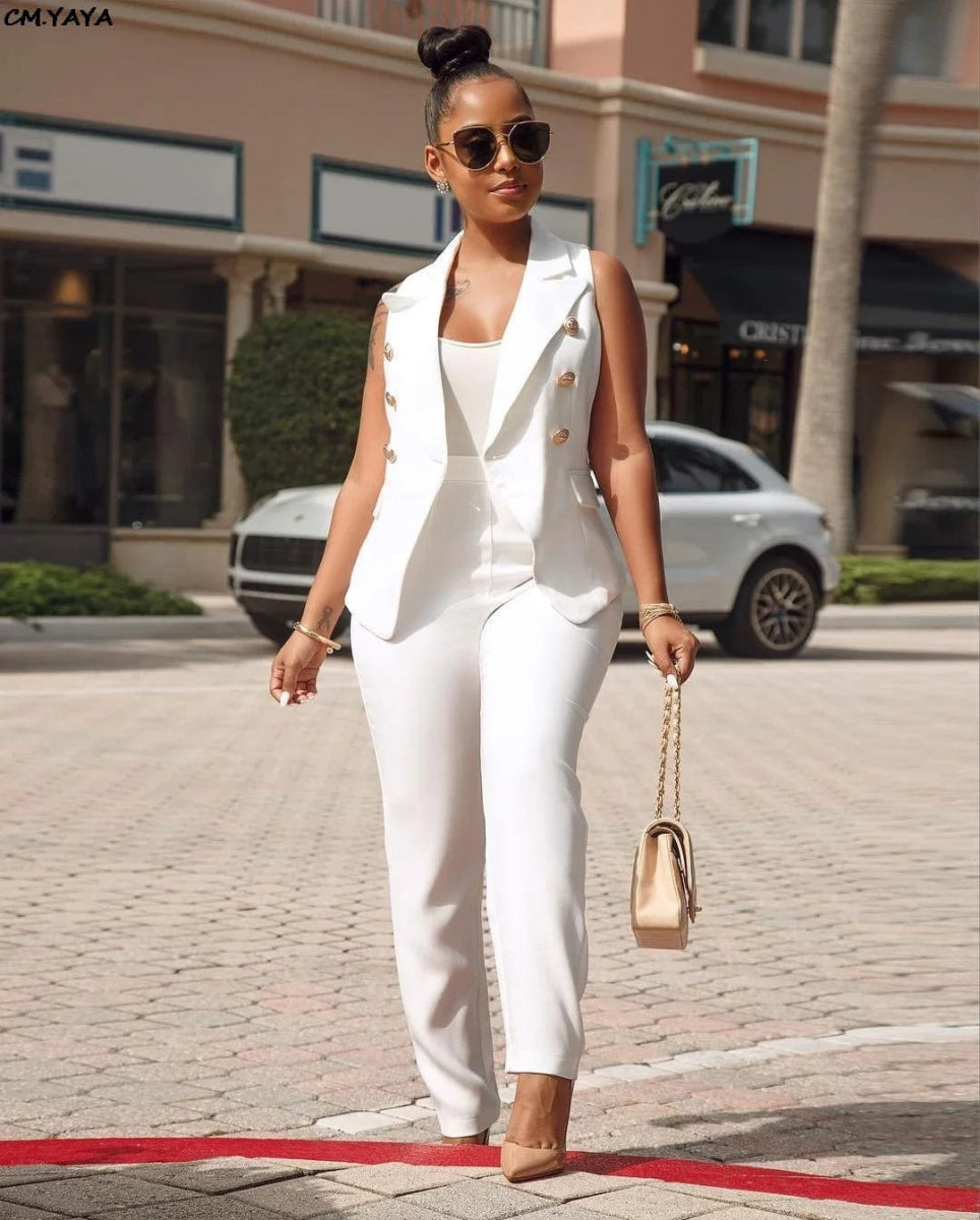 2022 Women Summer Sleeveless Notch Neck Blazers Long Pants Suit Two Piece Set Vintage Office Lady Tracksuit Outfit Overall - SHOWLU FASHION STORE