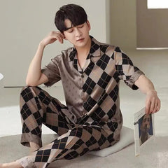 Showlu Fashion Store 2 XL / Coffee Short Sleeve 2023 Fashion Design Gingham Family Mens Sleepwear Homewear Luxury Contrast Color Urban Leisure Comfortable Pajama Set