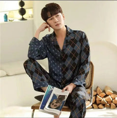 Showlu Fashion Store 2 XL / navy long Sleeve 2023 Fashion Design Gingham Family Mens Sleepwear Homewear Luxury Contrast Color Urban Leisure Comfortable Pajama Set
