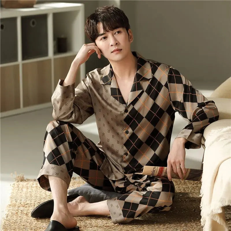 Showlu men's gingham pajama set featuring contrast color accents, designed for luxury comfort and relaxed urban leisure wear.