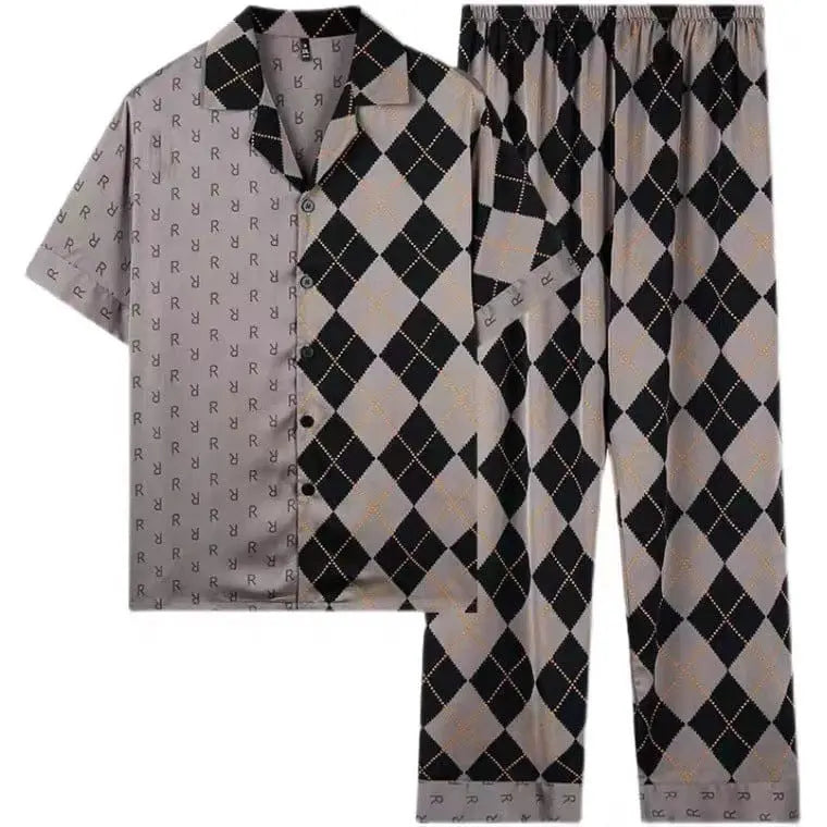 Men's Gingham pajama set by Showlu Fashion, luxury contrast color sleepwear, comfortable urban leisure sleepwear for men.
