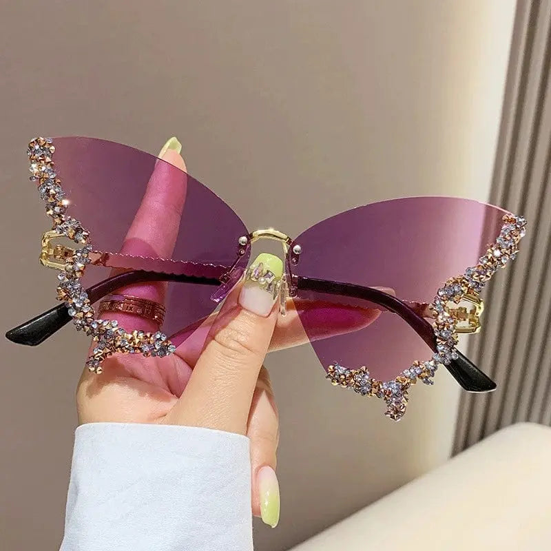 Diamond butterfly sunglasses with square frames, UV-proof, stylish for women, featuring elegant design and fashionable Korean-inspired look.