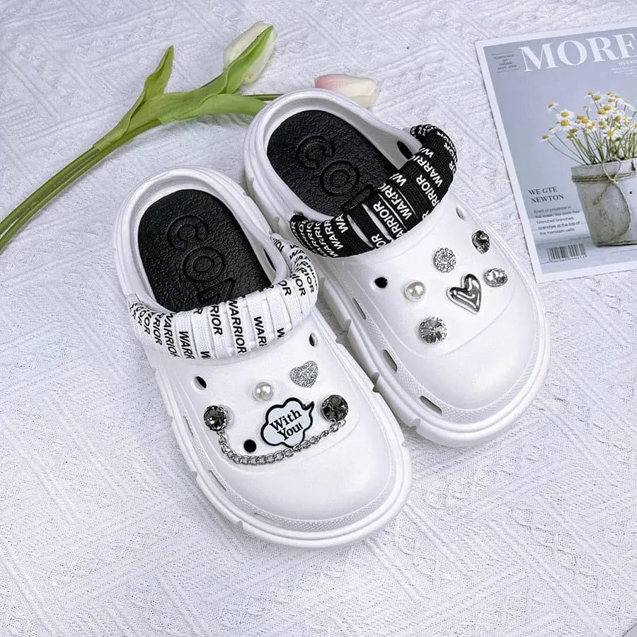 Showlu Fashion Store women's platform clogs with thick soles, summer beach slides, outdoor sandals, and decorative charms.