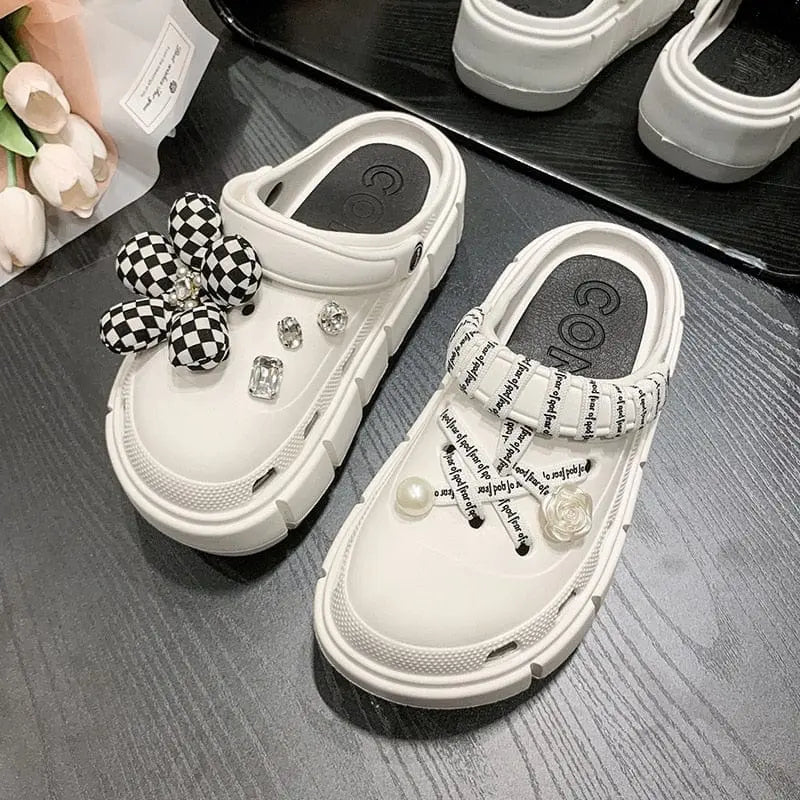 Showlu Fashion Store women's platform clogs with thick soles, summer beach slides featuring colorful charms and outdoor-ready design.