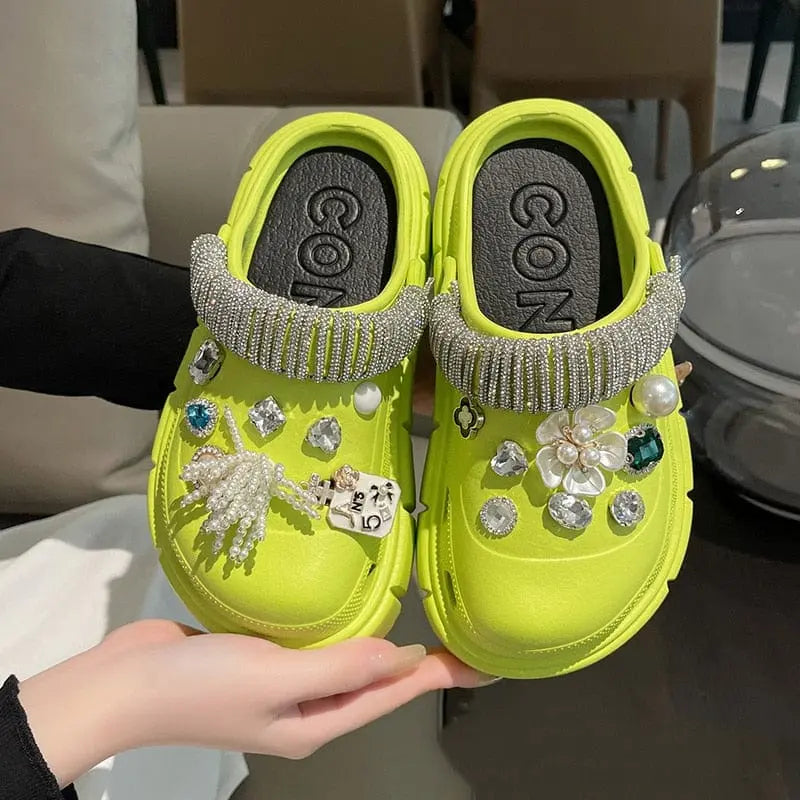 Women's platform clogs with thick soles, summer beach slides featuring colorful charms from Showlu Fashion Store.