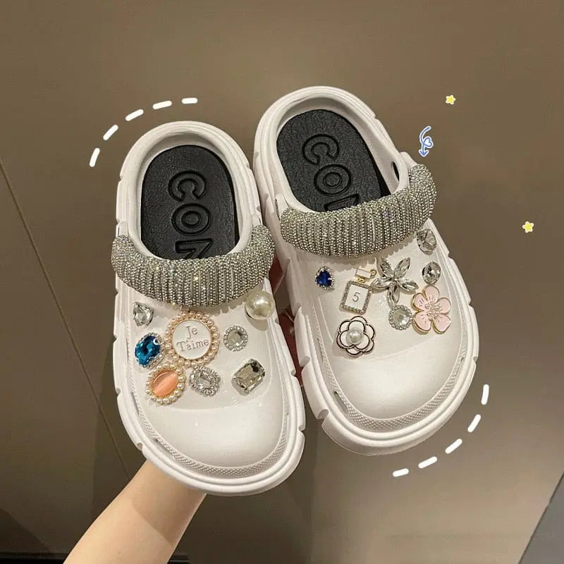 Women's platform clogs with thick sole, summer beach slides featuring colorful charms and durable outdoor design by Showlu Fashion Store.