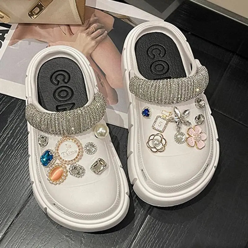 Showlu Fashion Women's platform clogs with thick soles, summer beach slides, outdoor sandals, and colorful charm accents.