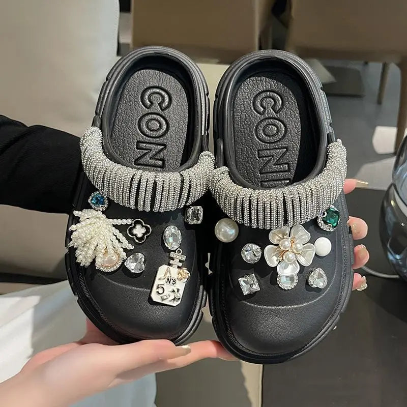 Showlu Fashion Women's platform clogs with thick soles, summer beach slides, outdoor-friendly design, and colorful charm accents.