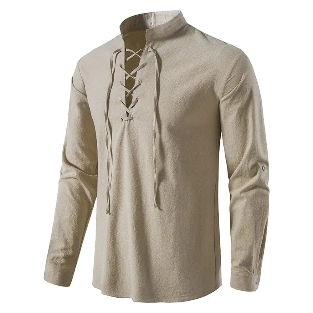 Men's cotton linen long sleeve shirt from Showlu Fashion, vintage style with a slanted placket, ideal for casual spring and autumn wear.