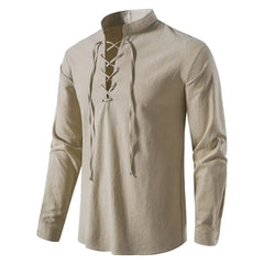 A beige long-sleeve cotton linen shirt with a lace-up front and a mandarin collar.