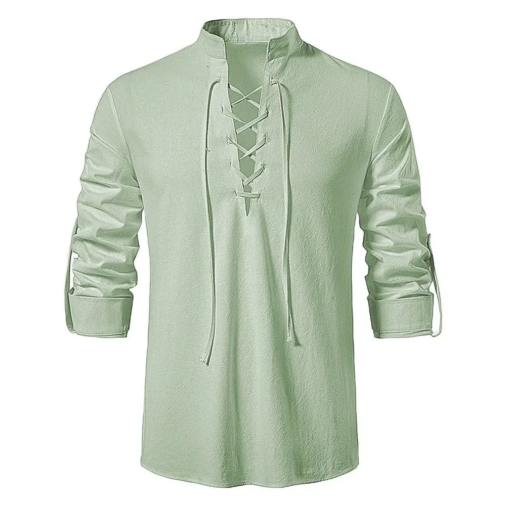 King Billion men's cotton linen long sleeve shirt featuring a vintage style with a slanted placket, perfect for casual spring or autumn wear.
